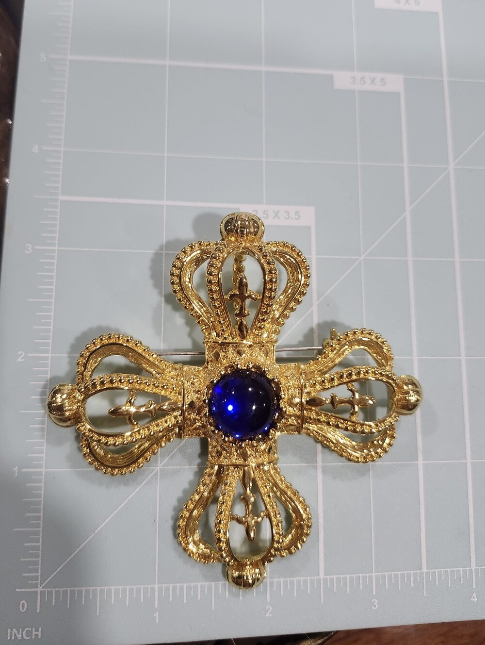 Park Lane Gold-Tone Maltese Crown Cross Brooch with Deep Blue Cabochon